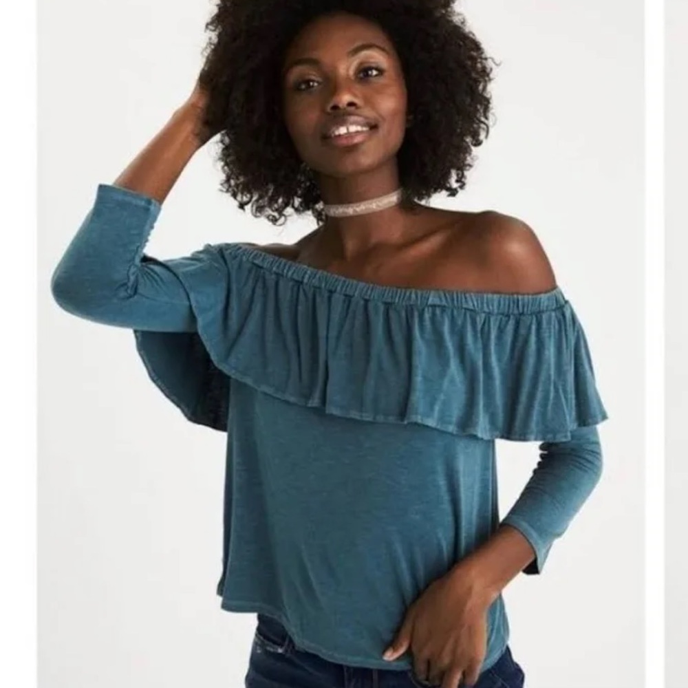 Americqn Eagle Outfitters blue burnout ruffled off the shoulder top size small